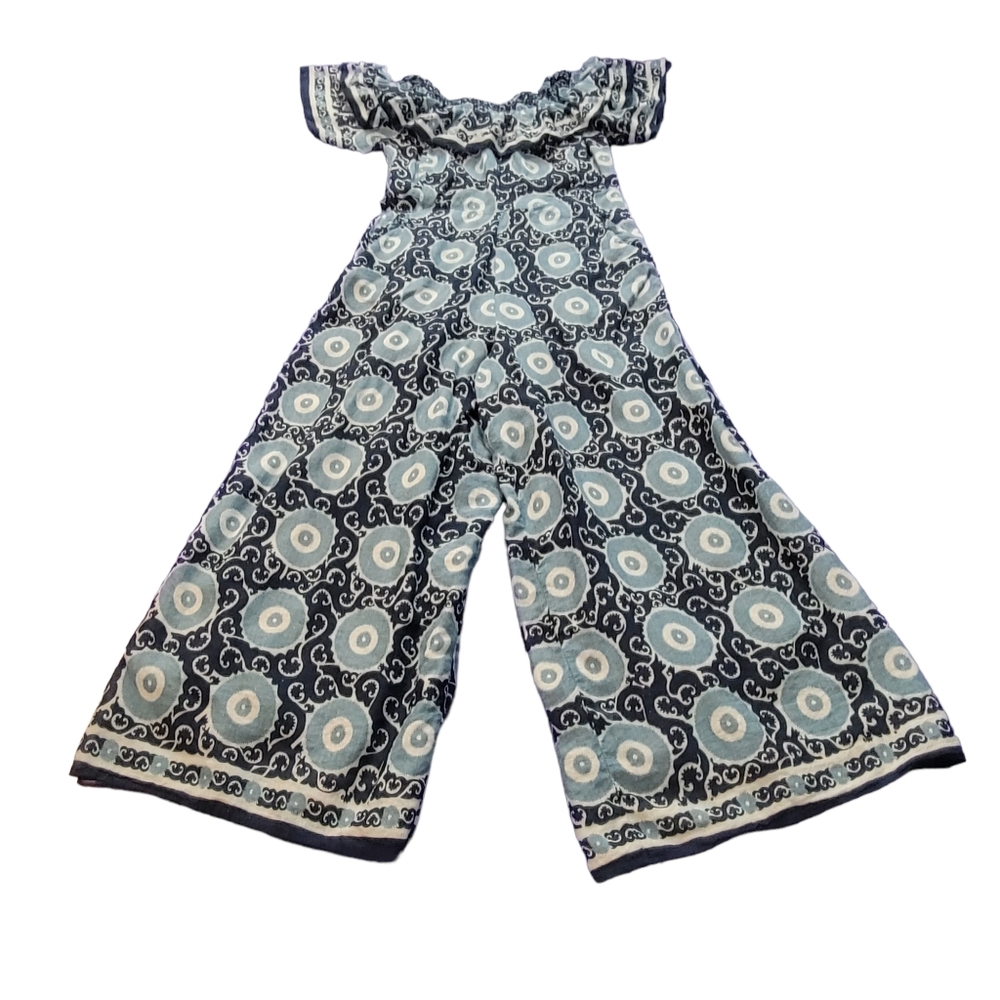 Kopal Boho Ruffle Jumpsuit Lined Cotton Blue Light Weight Wide Leg Womens XS
